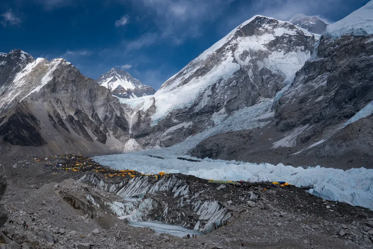 Tents of Everest Base Camp on the Khumbu Glacier, the goal of Everest climbing tours, Nepal