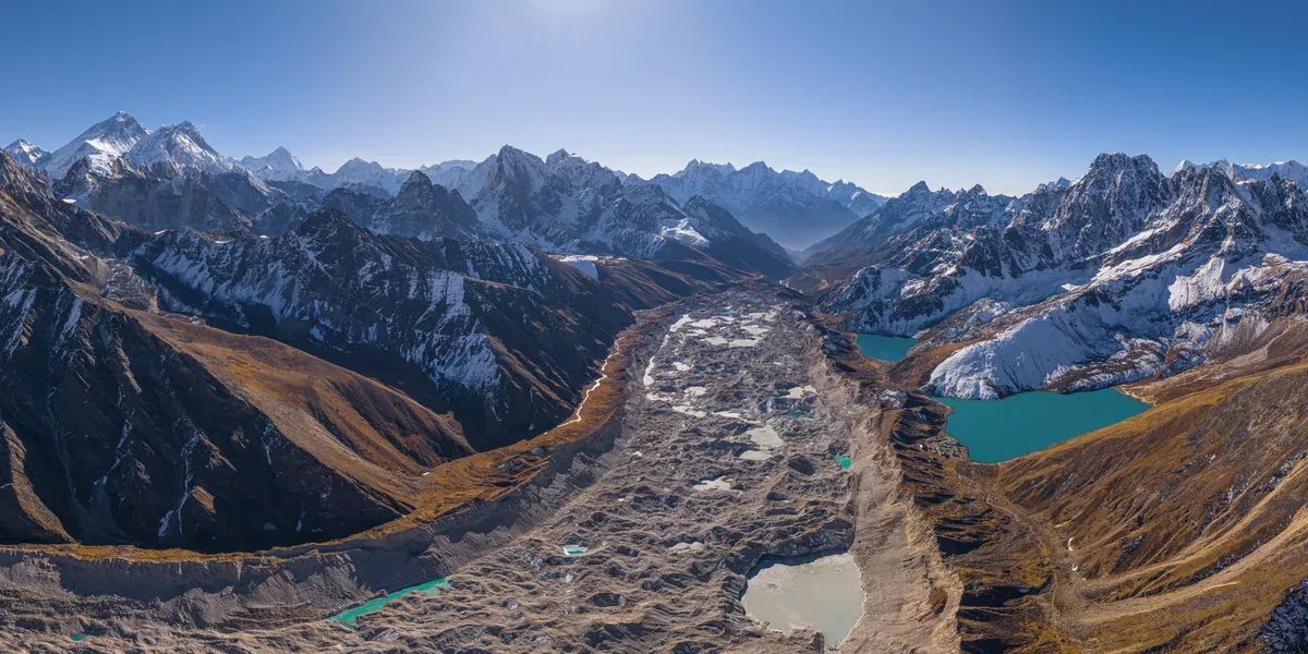 The Ngozumpa Glacier and the Gokyo Lakes from the air on Everest climbing tours over the three passes, Nepal