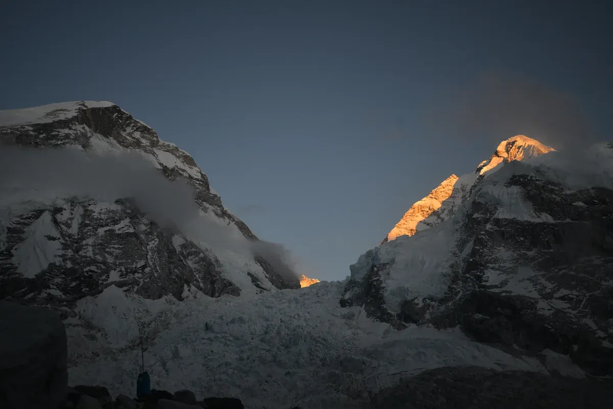 The Khumbu Icefall below Everest, Lhotse and Nuptse from base camp on Everest climbing tours, Nepal