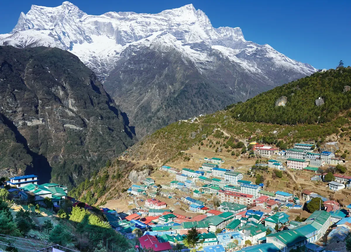 Namche Bazaar below Kongde Ri on the trail of Everest climbing tours, Khumbu, Nepal
